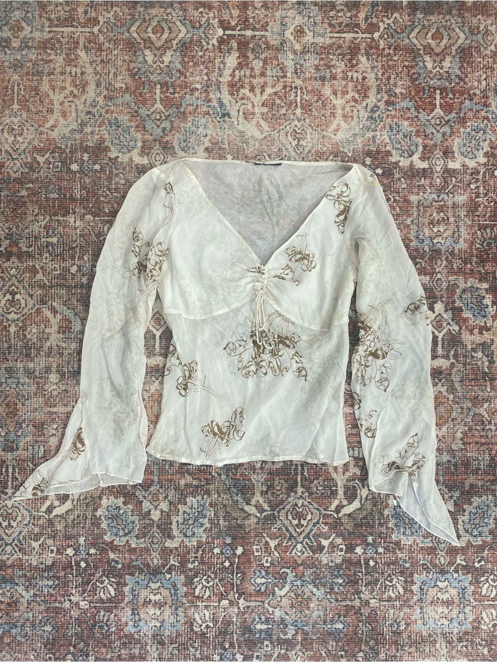 Y2K Fairycore white floral long sleeve milkmaid sheer blouse with ruched v-neck
